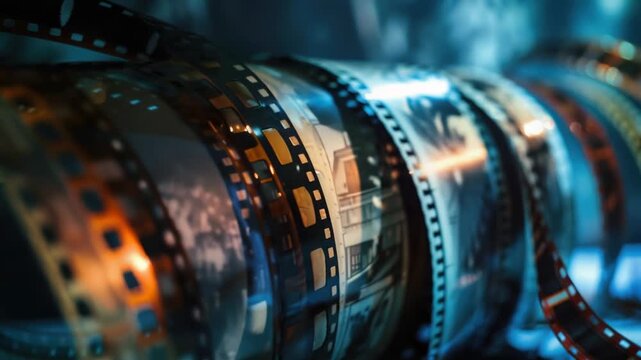 Video A close-up shot of a film strip with frames and sprockets visible