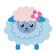 Cute little blue cartoon sheep with a pink flower illustration
