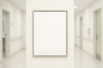 Blank vertical poster frame mockup centered on a white wall in a modern clinic corridor with bright hygienic lighting