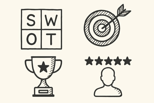 SWOT Analysis, Target and Rating Sketch Icons Set