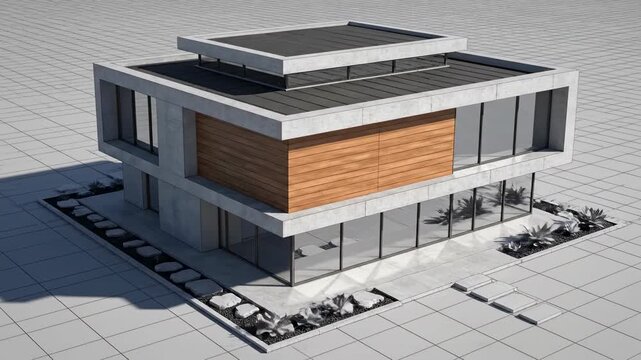 Architectural visualization transitioning from a clean white wireframe blueprint into a fully textured and shaded modern isometric house structure infrastructure, real estate, foundation