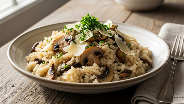 A realistic landscape photo of risotto ai funghi with saut&eacute;ed mushrooms and parmesan in a shallow bowl.