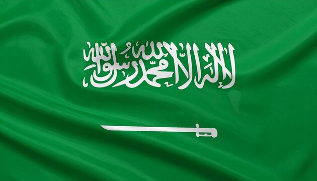Saudi Arabia national flag with Shahada inscription and white sword on green field symbolizing faith and justice.