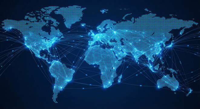 Map shows global connections in blue lines across regions.