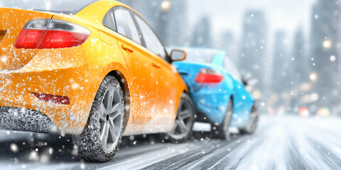 Two cars involved in minor rear-end collision on icy winter road. Insurance and accident concept.