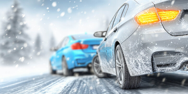 Two cars involved in minor rear-end collision on icy winter road. Insurance and accident concept.
