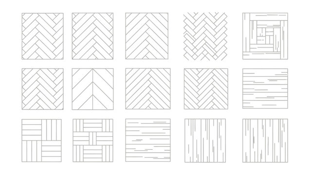 Collection of various wood floor patterns and parquet designs in line art style.