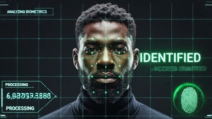 Facial recognition technology identifies a man with access granted, biometric scan in progress with data displayed - Powered by Adobe