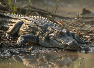 Obraz premium Dangerous carnivore alligator reptile in the wild Florida Everglades swamp water
