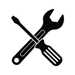 A crossed screwdriver and wrench isolated on, symbolizing repair, maintenance, and construction