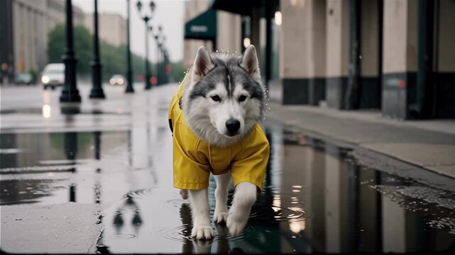 A handsome siberian husky dog wearing a yellow raincoat walking through puddles on a city street.
With motion blur and bokeh background.