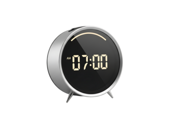 A sleek modern digital alarm clock showing the time 07:00 am against a black background