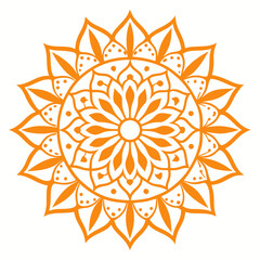 Symmetrical orange mandala design with intricate floral patterns for decoration and meditation