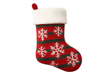 Christmas stocking with red and green stripes and white snowflakes, hanging for holiday presents, isolated on transparent background