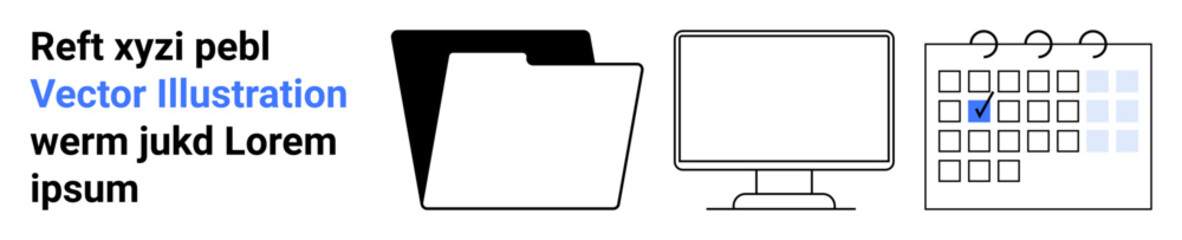 Business, organization, task planning, digital tools, office management, productivity. Black folder, computer screen and calendar with checkmark icons. Business and productivity concepts