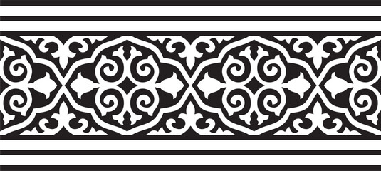 Kazakh national endless black monochrome ornament. Ethnic pattern. Border reflecting nomadic culture. Suitable for design and textiles.