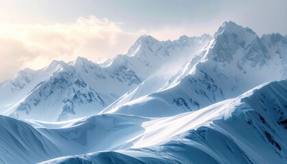 Snowy mountain peaks under sunlight, soft hazy sky