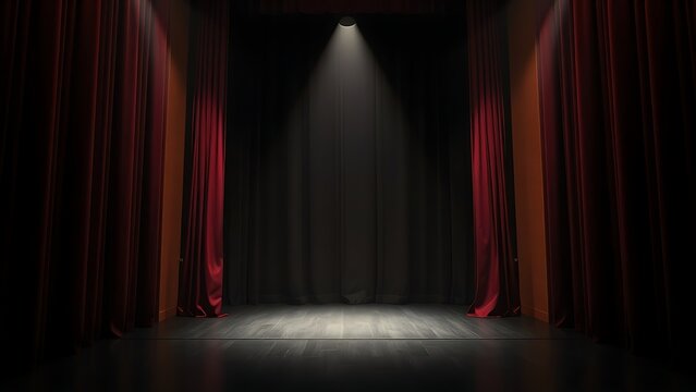 mortification. Theater curtain rises on an empty stage under a single dramatic spotlight. event programs, museum guides, designed for cultural heritage projects and event programs.