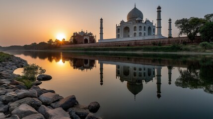 Fototapeta premium The Taj Mahal, a spectacle in white marble. Majestic architectural marvel at sunrise, reflecting in calm waters, surrounded by serene nature, showcasing a tranquil atmosphere with copy space