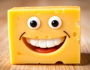 Cheerful cheese cube with cartoon face, smiling wide