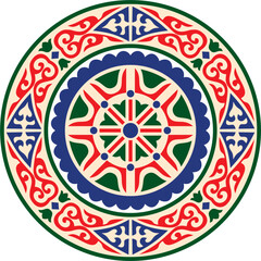 Kazakh national round colored frame ornament. Ethnic pattern. The circle ring reflects nomadic culture. Suitable for design and textiles.