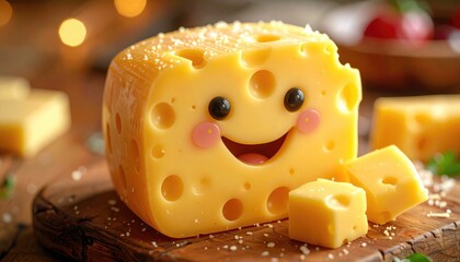 Cheese block with face smiles on wooden board