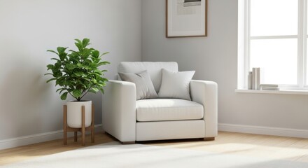 Fototapeta premium Inviting indoor scene showcasing a comfortable armchair and lush plant arrangement