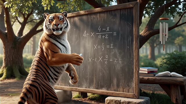 A smart tiger character writing mathematical equations with chalk on a blackboard in a sunny forest.
With motion blur and bokeh background.