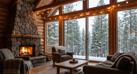 Man sits by fire in wooden house. Snow falls outside window.