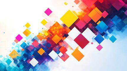 Abstract geometric background with vibrant colorful squares and paint splashes.
