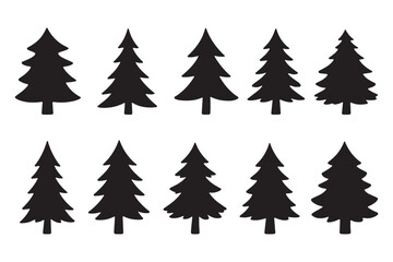 Christmas tree silhouette clipart set. Black Christmas tree drawing clip art collection in white background for xmas season pine tree flat icon decoration vector illustration.