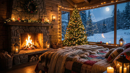 Man sits by the fireplace in a rustic bedroom. Christmas tree shines.