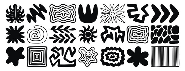 A set of doodle organic elements, leaves, hand drawn smooth lines, flowers, abstract shapes natural motifs, the sun, stones collection
