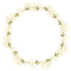 Watercolor and gold line art olive wreath, elegant round frame with branches, and mixed media accents for botanical decor, invitations, branding and natural Mediterranean design projects