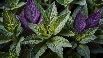 Vibrant Purple and Green Foliage Close-up  Unique Plant Leaf Texture Background