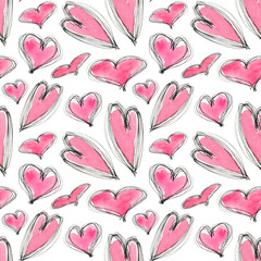 Pink hearts. Hand drawn watercolor seamless pattern of hearts. Valentine's Day. February 14th. Law of couples. Love. Pink background.