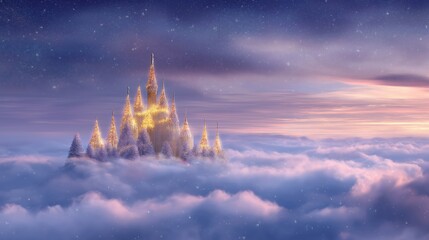 A dreamy surreal Christmas castle floating on clouds, glowing decorations, sparkling snow, magical winter sky, fantasy atmosphere