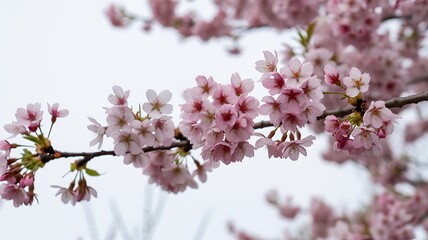 Obraz premium Pink cherry blossoms on a tree branch in springtime with blurred background
