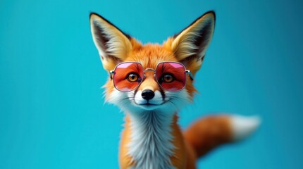 Obraz premium Zorro elegante con gafas de sol retro aislado sobre fondo azul eléctrico