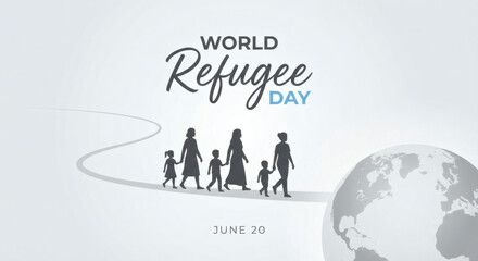 World refugee day silhouette of family walking towards globe