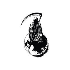 Black and white illustration of the Grim Reaper sitting on a globe holding a long, scary scythe hand drawn style