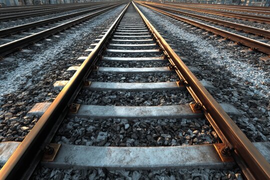 A symmetrical shot shows the converging parallel train tracks with stone ballast, cement sleepers and the light reflecting off the metal tracks.