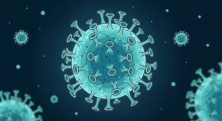 Abstract illustration of a blue coronavirus particle surrounded by smaller viruses and dark blue bubbles on a dark blue background.