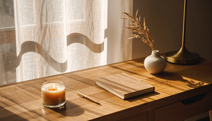 Fototapeta premium Vintage still life with a candle on a wood table, emphasizing light and home decor style in the living room interior