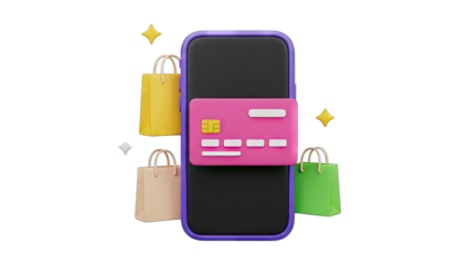 Online Shopping Concept Featuring a Smartphone with a Credit Card and Shopping Bags on a Transparent Background