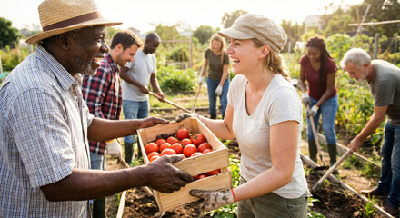 Men and women work together to gather vegetables in the garden.
