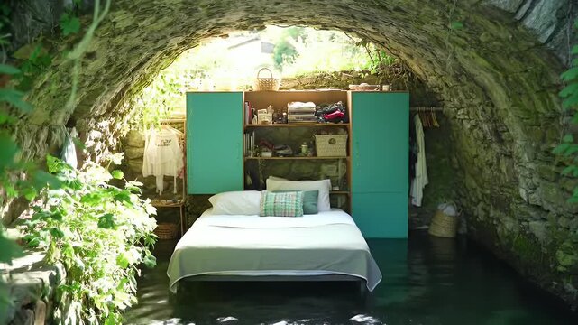 Serene luxury bedroom carved inside a natural stone grotto featuring turquoise doors, lush greenery, and a tranquil water pool