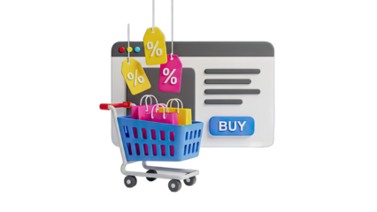 Online Shopping Cart With Sale Tags And Buy Button On A Transparent Background