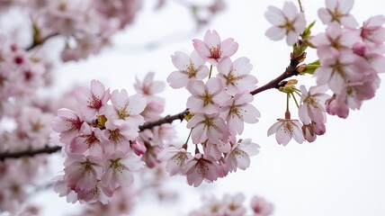 Naklejka premium Pink cherry blossoms on a tree branch in springtime isolated on white background