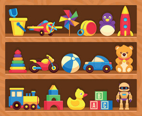 A shelf full of toys including a teddy bear, a car, a train, and a boat